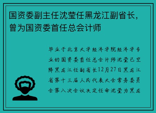 国资委副主任沈莹任黑龙江副省长，曾为国资委首任总会计师