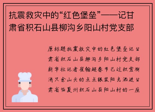 抗震救灾中的“红色堡垒”——记甘肃省积石山县柳沟乡阳山村党支部