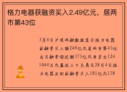 格力电器获融资买入2.49亿元，居两市第43位