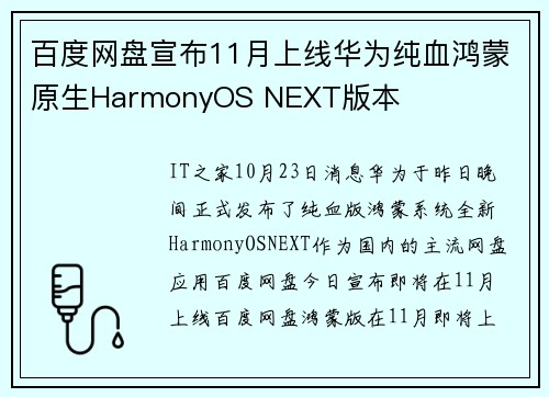 百度网盘宣布11月上线华为纯血鸿蒙原生HarmonyOS NEXT版本