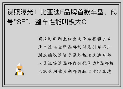 谍照曝光！比亚迪F品牌首款车型，代号“SF”，整车性能叫板大G