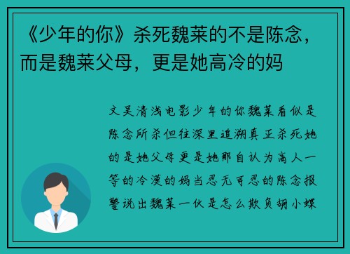 《少年的你》杀死魏莱的不是陈念，而是魏莱父母，更是她高冷的妈