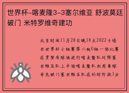世界杯-喀麦隆3-3塞尔维亚 舒波莫廷破门 米特罗维奇建功