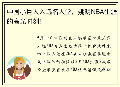 中国小巨人入选名人堂，姚明NBA生涯的高光时刻！