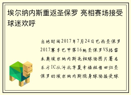 埃尔纳内斯重返圣保罗 亮相赛场接受球迷欢呼