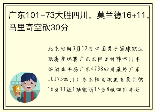 广东101-73大胜四川，莫兰德16+11，马里奇空砍30分