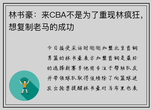 林书豪：来CBA不是为了重现林疯狂，想复制老马的成功