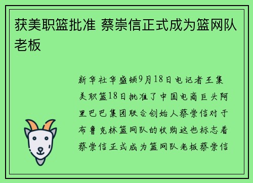 获美职篮批准 蔡崇信正式成为篮网队老板
